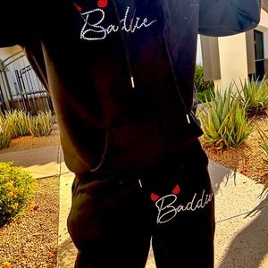 Unisex Rhinestone Baddie Black Cotton hoodie w/ sweatpant cozy Set